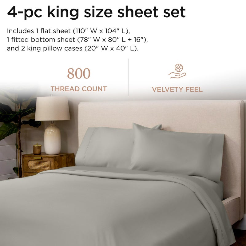 Threadmill Luxury 800 Thread Count King 100% Cotton Sheets - Moonrock Grey Sateen Weave Bed-Sheets, Better Than Egyptian Cotton, 4 Pc Solid Soft Bed Set, Fits 16" Deep Pocket - Image 2